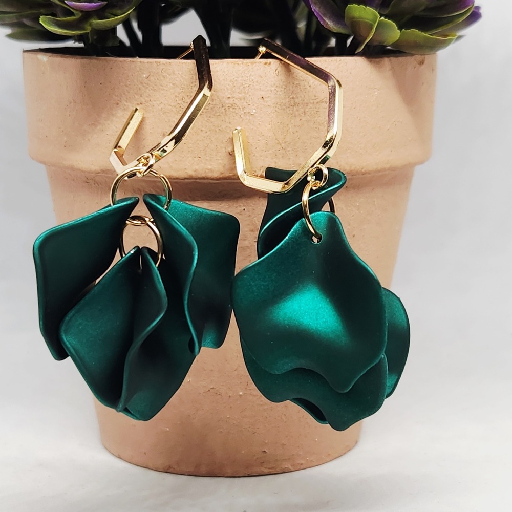 Emerald Green Petal Drop Earrings Gold‎ Hexagon Hoop Statement Floral Jewelry